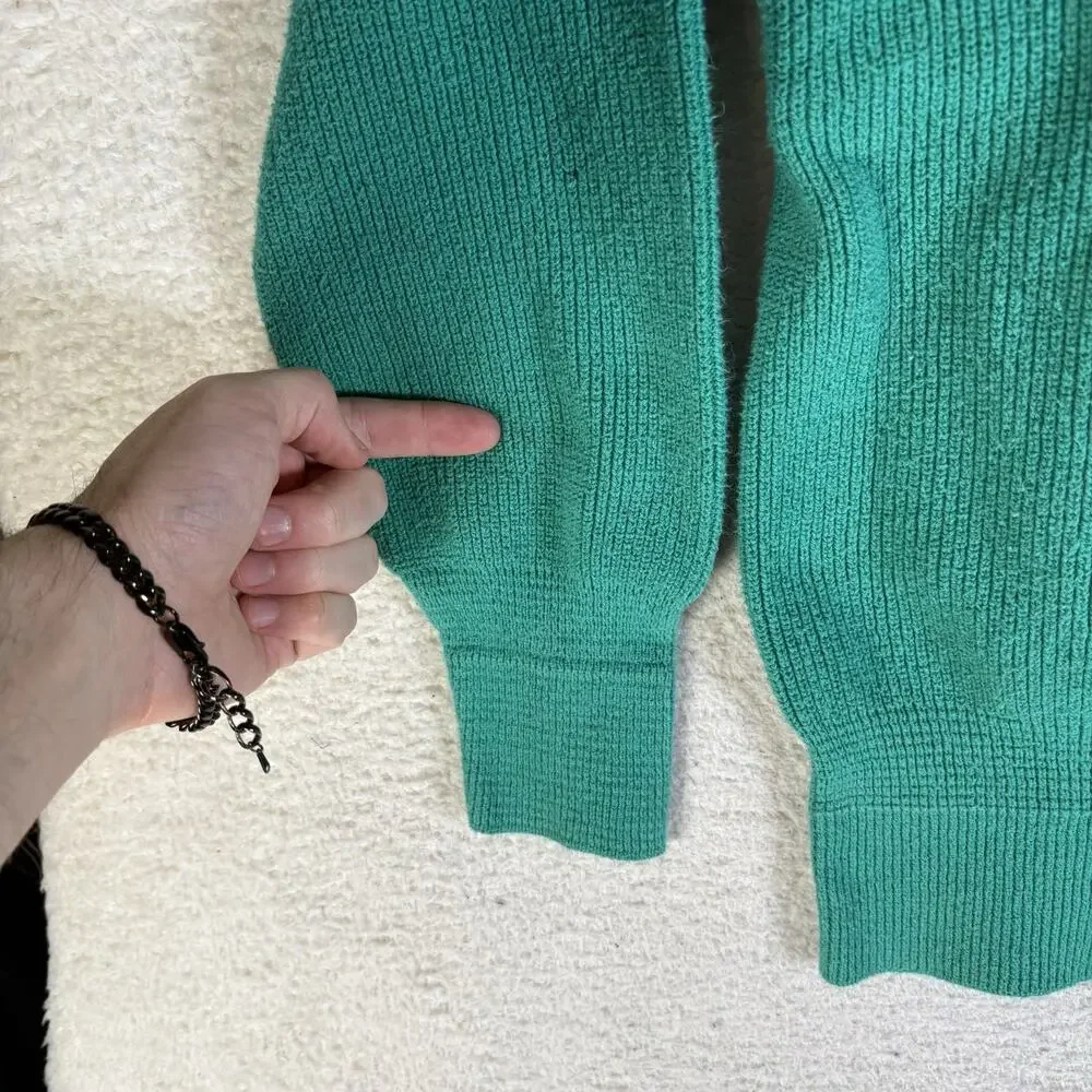 Vintage Cabelas SweaterMens Medium Green USA Made Ribbed Knit 1/4 Button READ